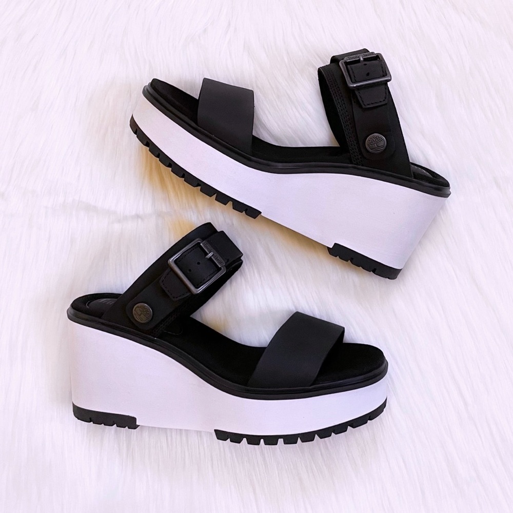 Timberland Women’s Koralyn Wedge 2 Band Black Nubuck Leather Sandals - Picture 8 of 10